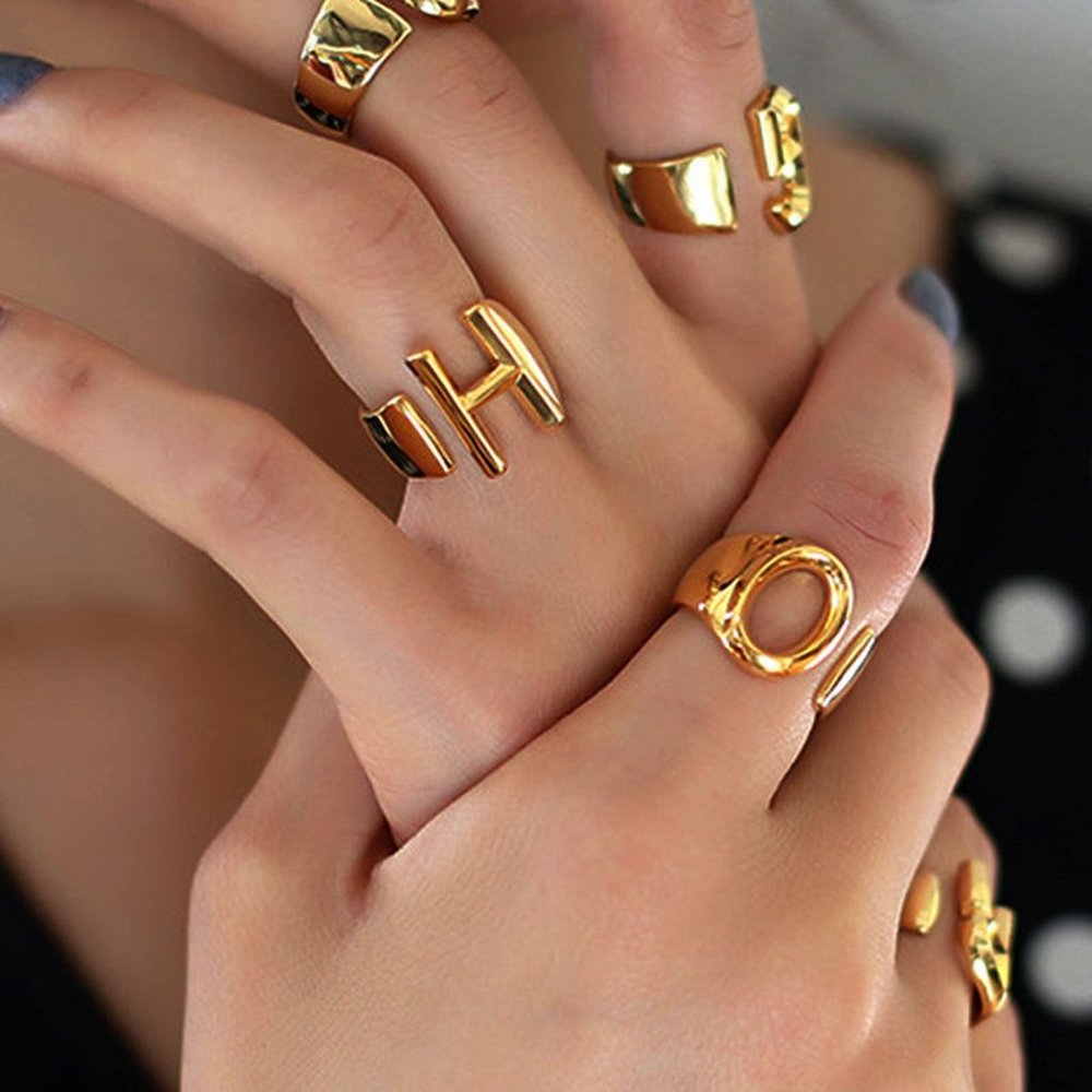 Chunky Wide Hollow A-Z Letter Gold Rings